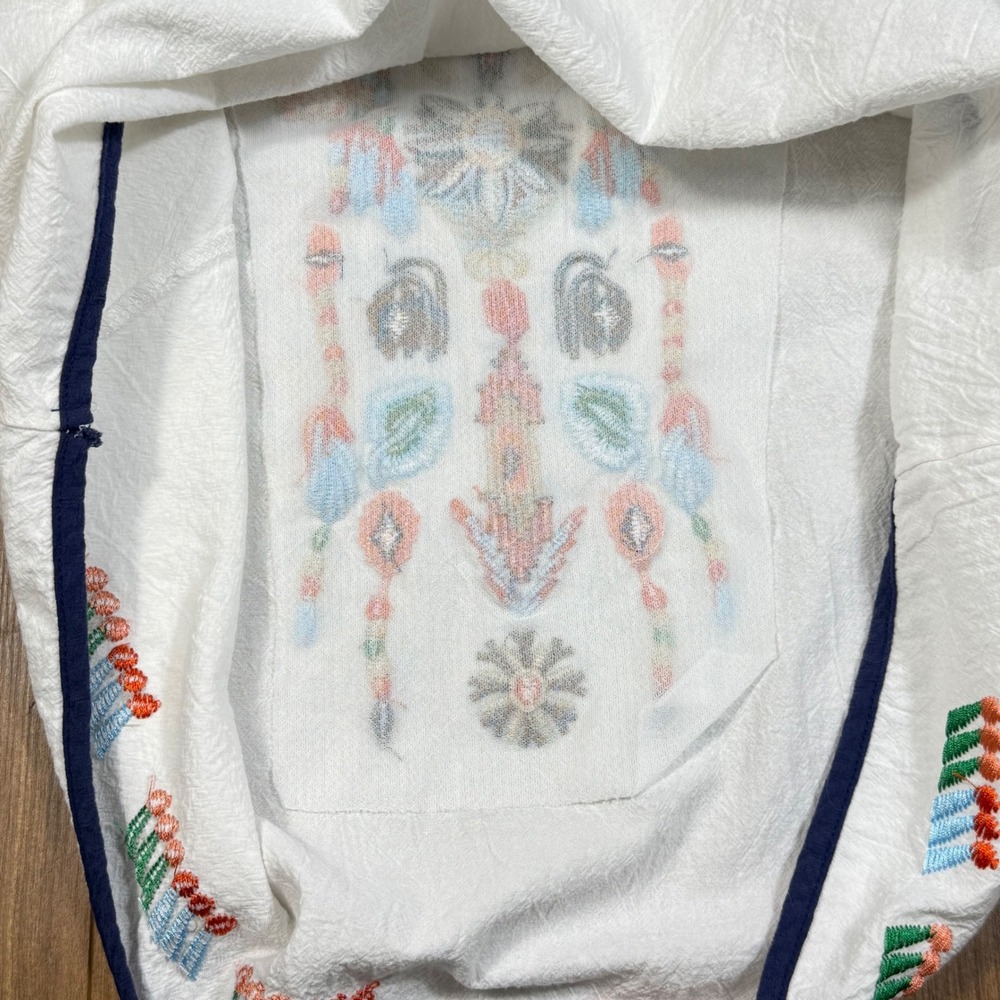 White Cotton Linen Embroidered Boho Short‎ Sleeve Top Sz M lightweight Oversized - Picture 6 of 10
